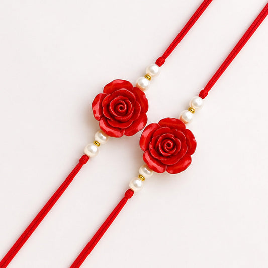 Elegant Red Rose & Pearl Thread Rakhi- MKC