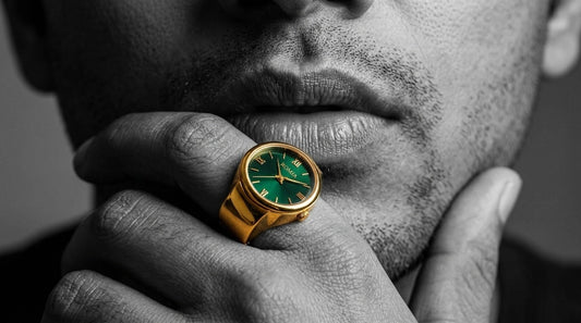 Analogue Gold Band Elegant Ring Watch in Gold Strap with Malachite Dial