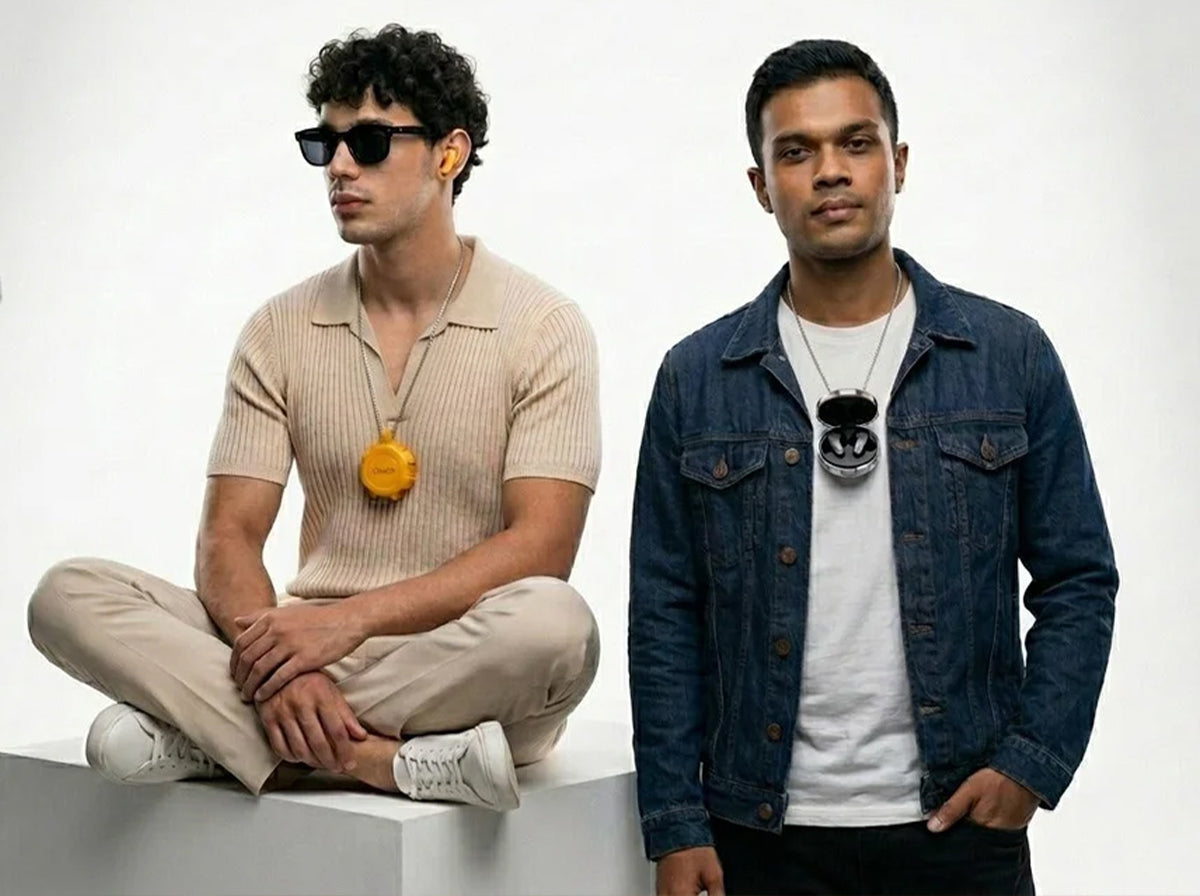 Two users showcasing CTRL8 X35 true wireless earbuds in yellow and silver variants during casual activities