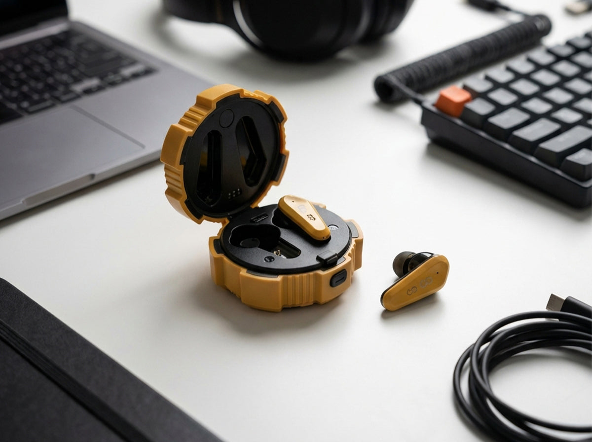 CTRL8 X35 true wireless earbuds in yellow variant displayed with charging case on a desk setup featuring a laptop, keyboard, and accessories