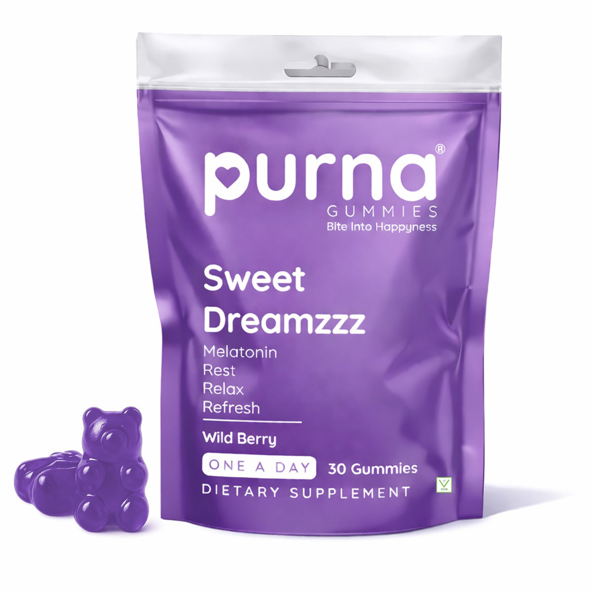 Purna melatonin wild berry flavor vegan gummies for sleep and relaxation