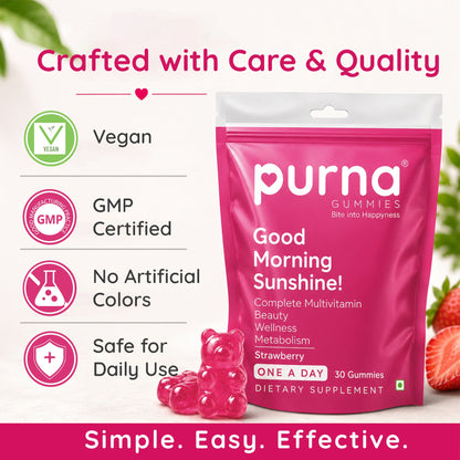 Purna Multivitamin Gummies – Strawberry Flavor | Daily Wellness & Energy Support | 30 Vegan Gummies-UP