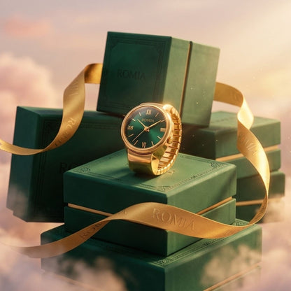 Analogue Gold Band Elegant Ring Watch in Gold Strap with Malachite Dial
