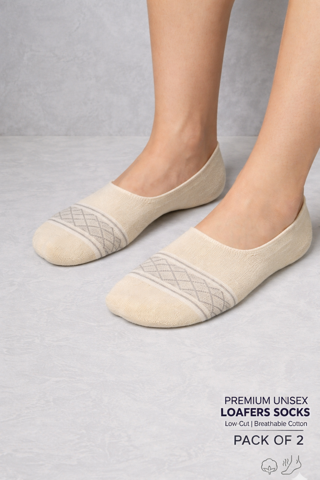 Person wearing Gogear Premium Unisex No-Show Socks in beige, designed for comfort and breathability
