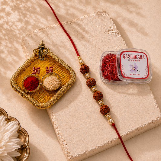 Premium Rudraksha Rakhi Combo with Decorative Pooja Thali & Kashmiri Saffron- MKC