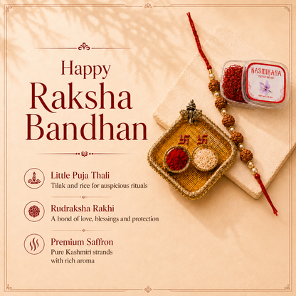 Premium Rudraksha Rakhi Combo with Decorative Pooja Thali & Kashmiri Saffron- MKC