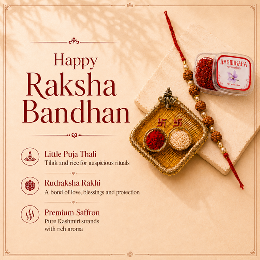 Premium Rudraksha Rakhi Combo with Decorative Pooja Thali & Kashmiri Saffron- MKC