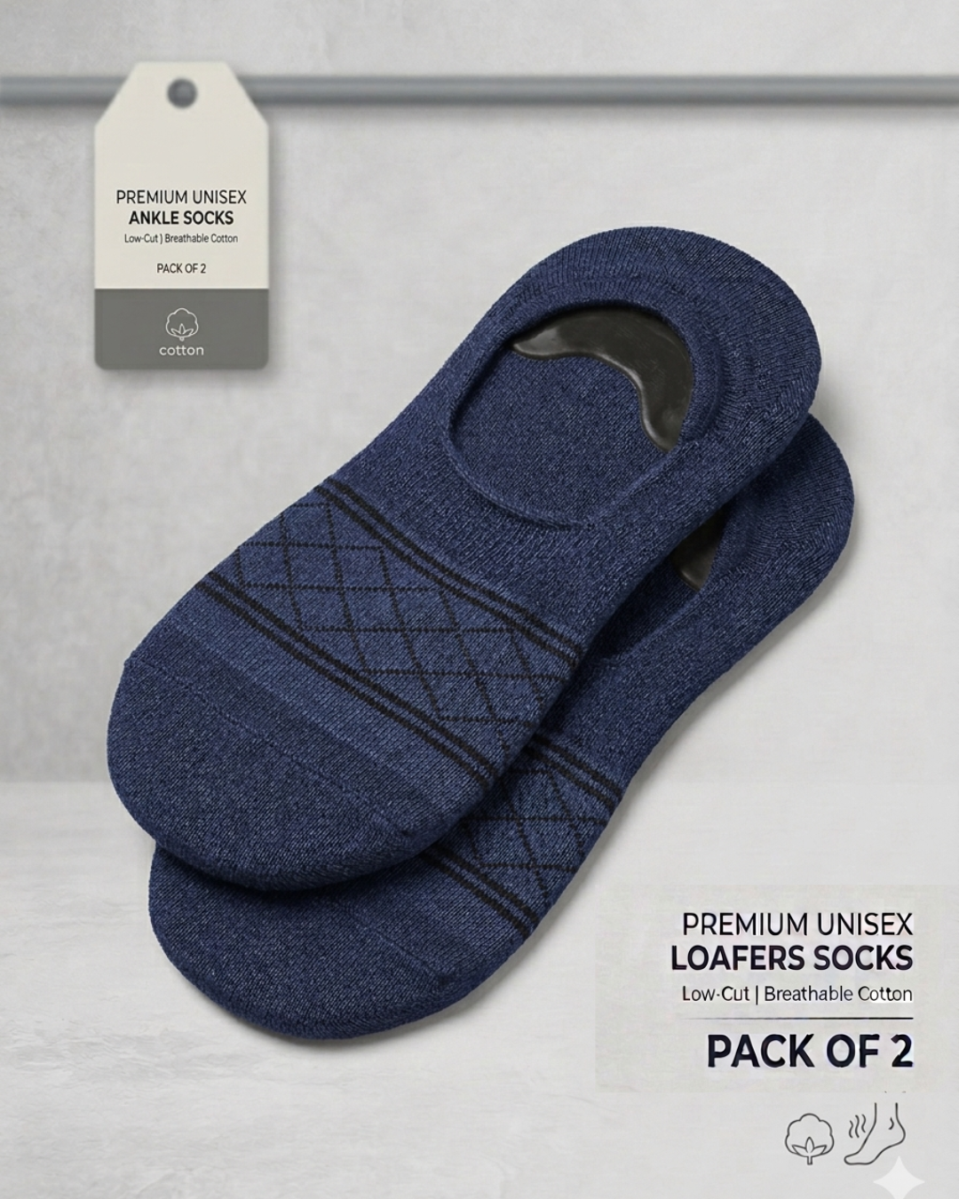 Gogear Premium Unisex No-Show Socks pack of 2 sets made with breathable cotton in navy blue