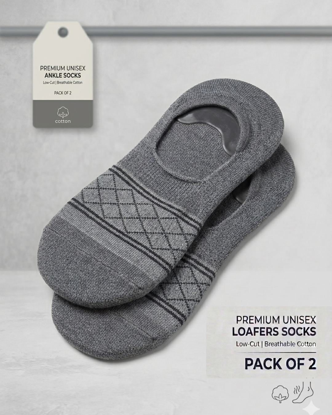 Gogear Premium Unisex No-Show Socks pack of 2 sets in gray, featuring low-cut design and breathable cotton material