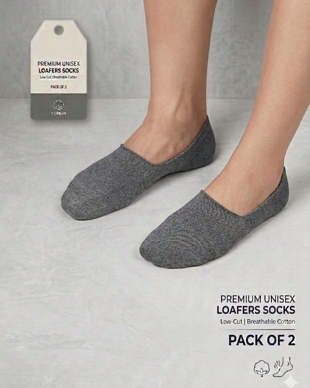Person wearing Gogear Premium Unisex No-Show Socks in gray, ideal for casual wear and made with breathable cotton