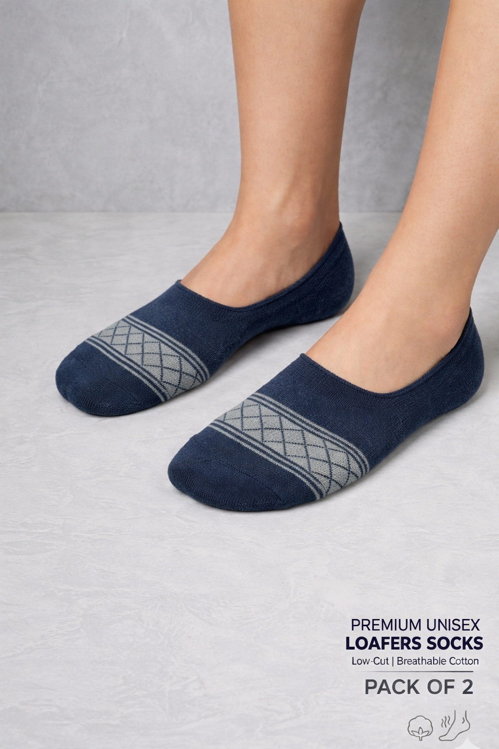 Close-up of Gogear Premium Unisex No-Show Socks in navy blue, featuring a stylish pattern and breathable cotton material