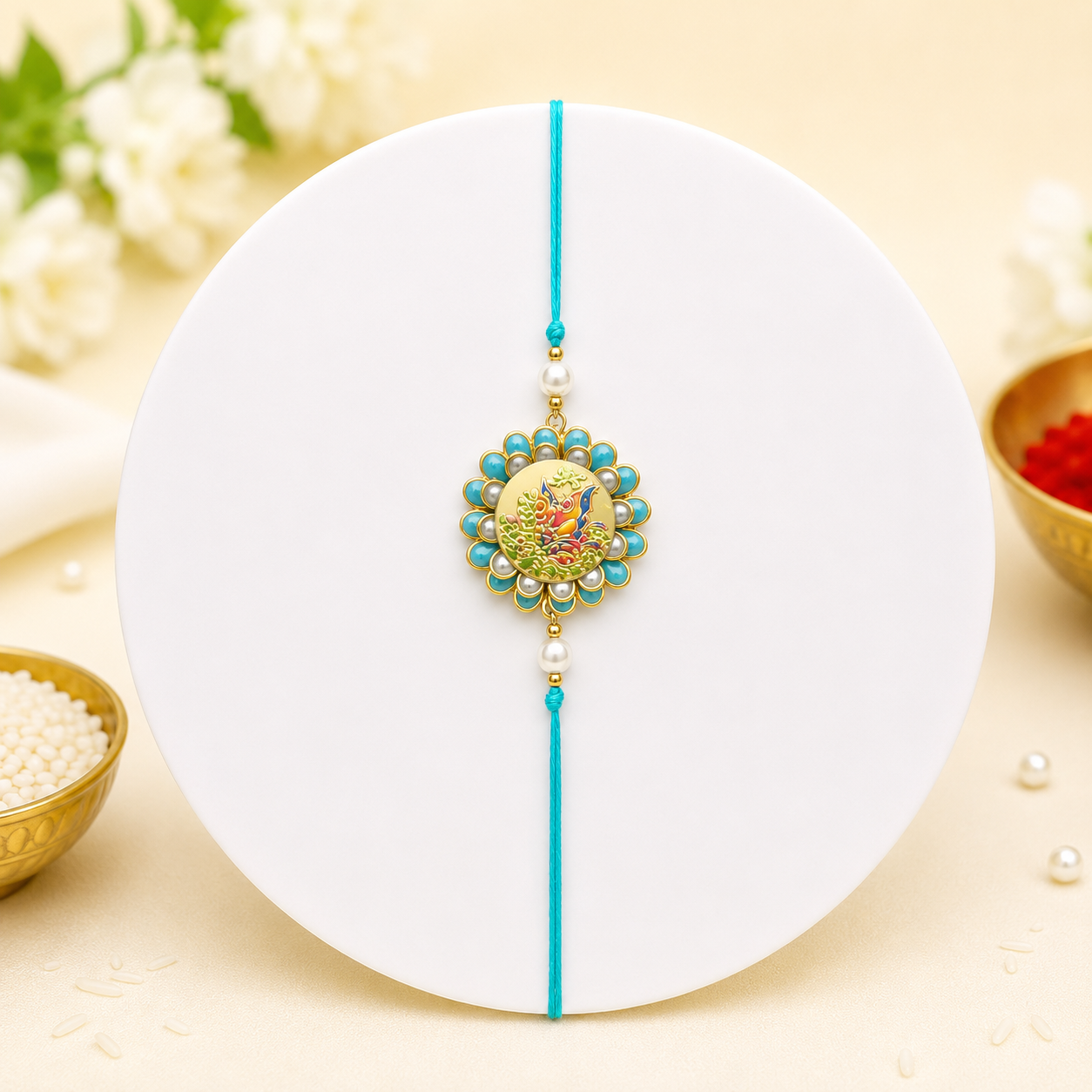 Turquoise Peacock Meenakari Dial Rakhi- MKC