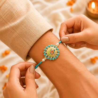 Turquoise Peacock Meenakari Dial Rakhi- MKC