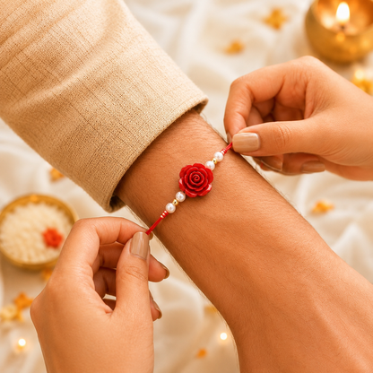 Elegant Red Rose & Pearl Thread Rakhi- MKC