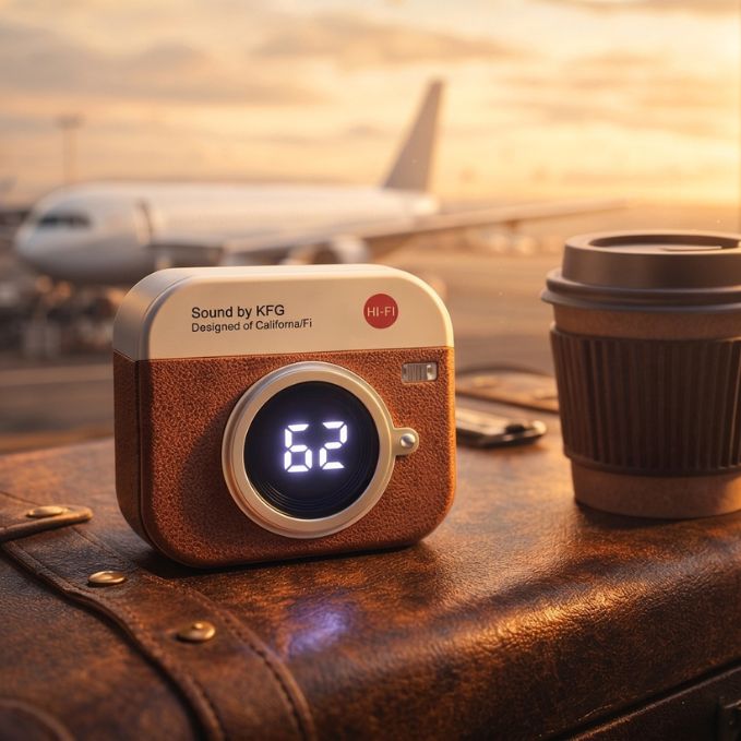 Retro Camera Design Portable Hi-Fi Bluetooth Speaker with TWS Wireless Earbuds (Brown)