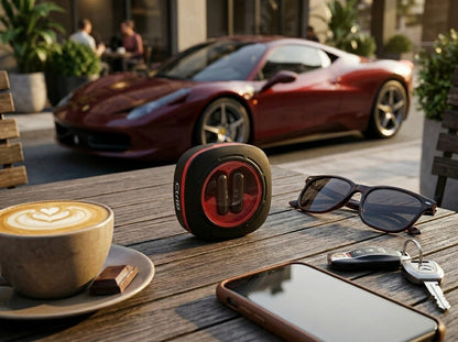 CTRL8 K7 true wireless earbuds with AI ENC-P in a sleek charging case placed on a cafe table with a coffee cup, phone, and car keys, ideal for casual outings.