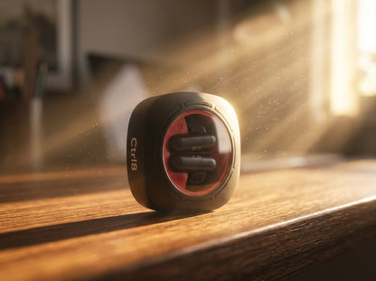 CTRL8 K7 true wireless earbuds with AI ENC-P in a sleek charging case illuminated by warm sunlight on a wooden table, ideal for home or casual use.