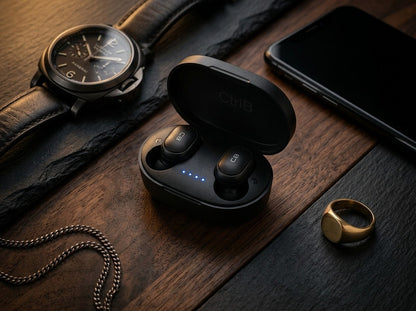 CTRL8 A6S wireless earbuds in sleek black charging case placed on a wooden surface alongside accessories.