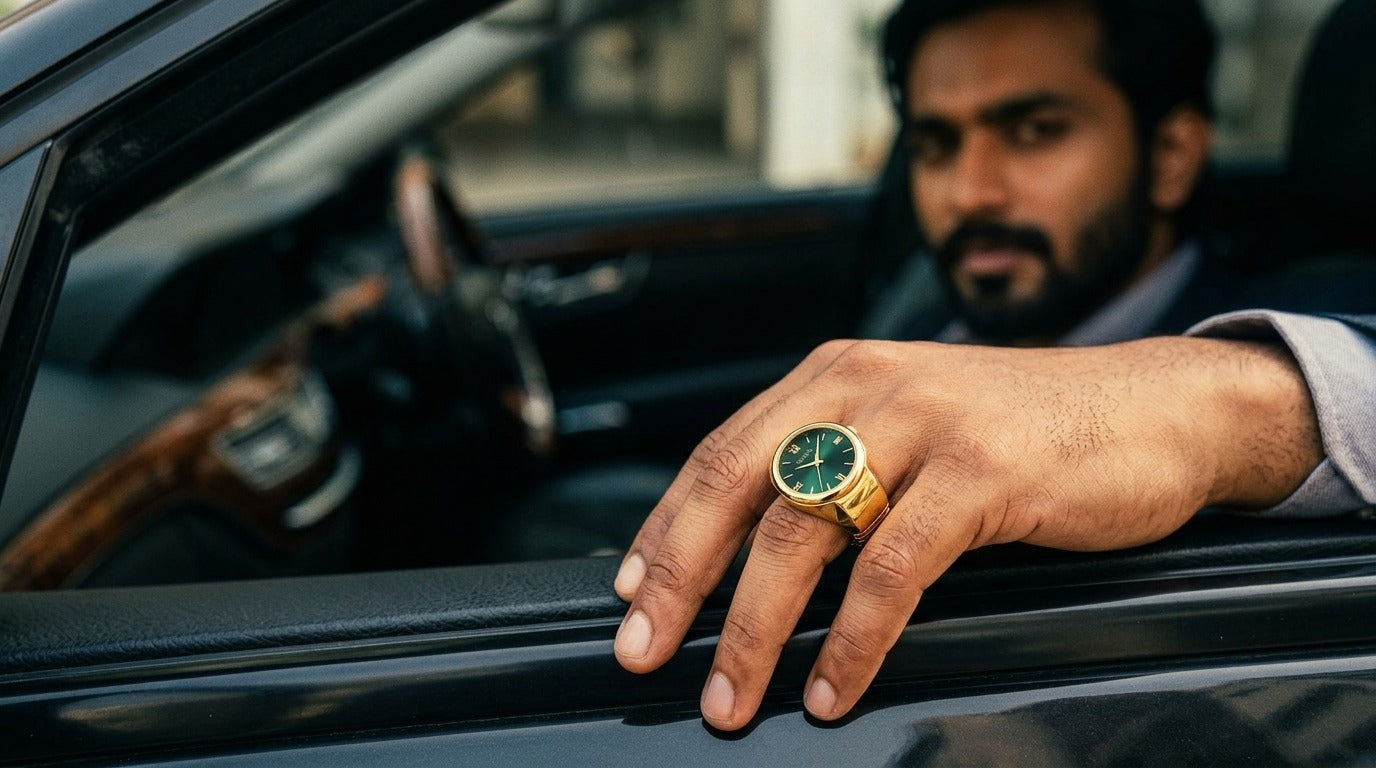 Analogue Gold Band Elegant Ring Watch in Gold Strap with Malachite Dial