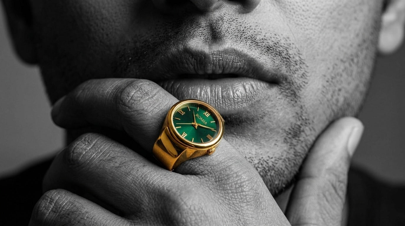 Analogue Gold Band Elegant Ring Watch in Gold Strap with Malachite Dial