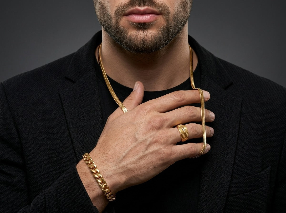 Men's Luxury Gold Trio Set-Chain-Bracelet-Ring-V