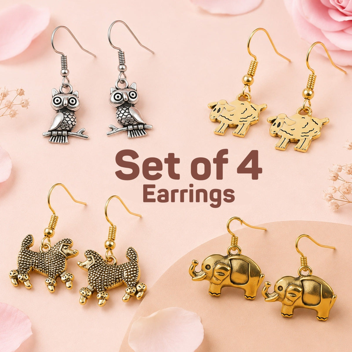 Set of 4 trendy animal charm dangle earrings