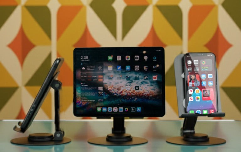 Aluminium Stand Portable Desktop Phone Stand 360° Rotatable and Foldable Cell Phone Holder Metal Base for Table & Bed Compatible with All Smartphones & Tablets Desk