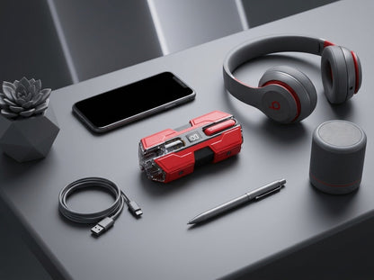 CTRL8 K8 true wireless earbuds in red displayed alongside headphones, smartphone, speaker, and desk accessories