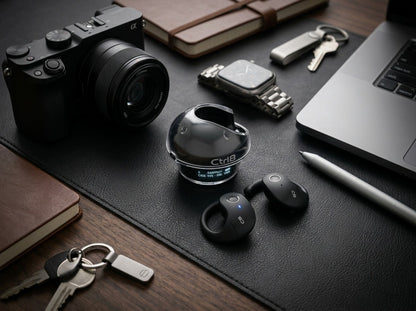 CTRL8 T2 over-the-ear earbuds with UNBLOQ technology placed on a wooden desk alongside a camera and keys
