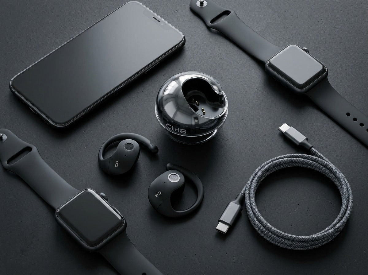 CTRL8 T2 over-the-ear earbuds with UNBLOQ technology and sleek charging case displayed alongside smartwatches and a smartphone on a matte black surface