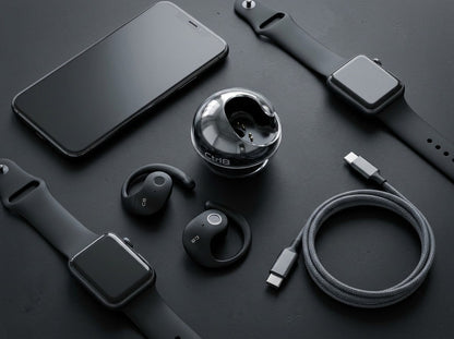 CTRL8 T2 over-the-ear earbuds with UNBLOQ technology and sleek charging case displayed alongside smartwatches and a smartphone on a matte black surface