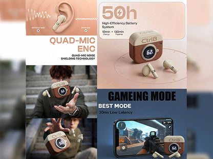 CTRL8 Retro Camera Design Portable TWS Wireless Earbuds featuring quad-mic ENC, 50-hour battery life, and gaming mode with low latency